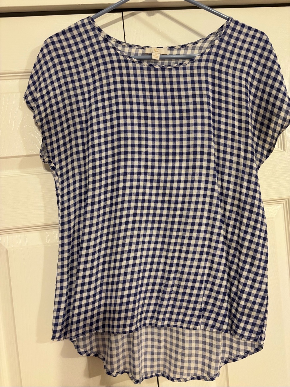 Charming Charlie Navy & White Gingham Short Sleeve Top